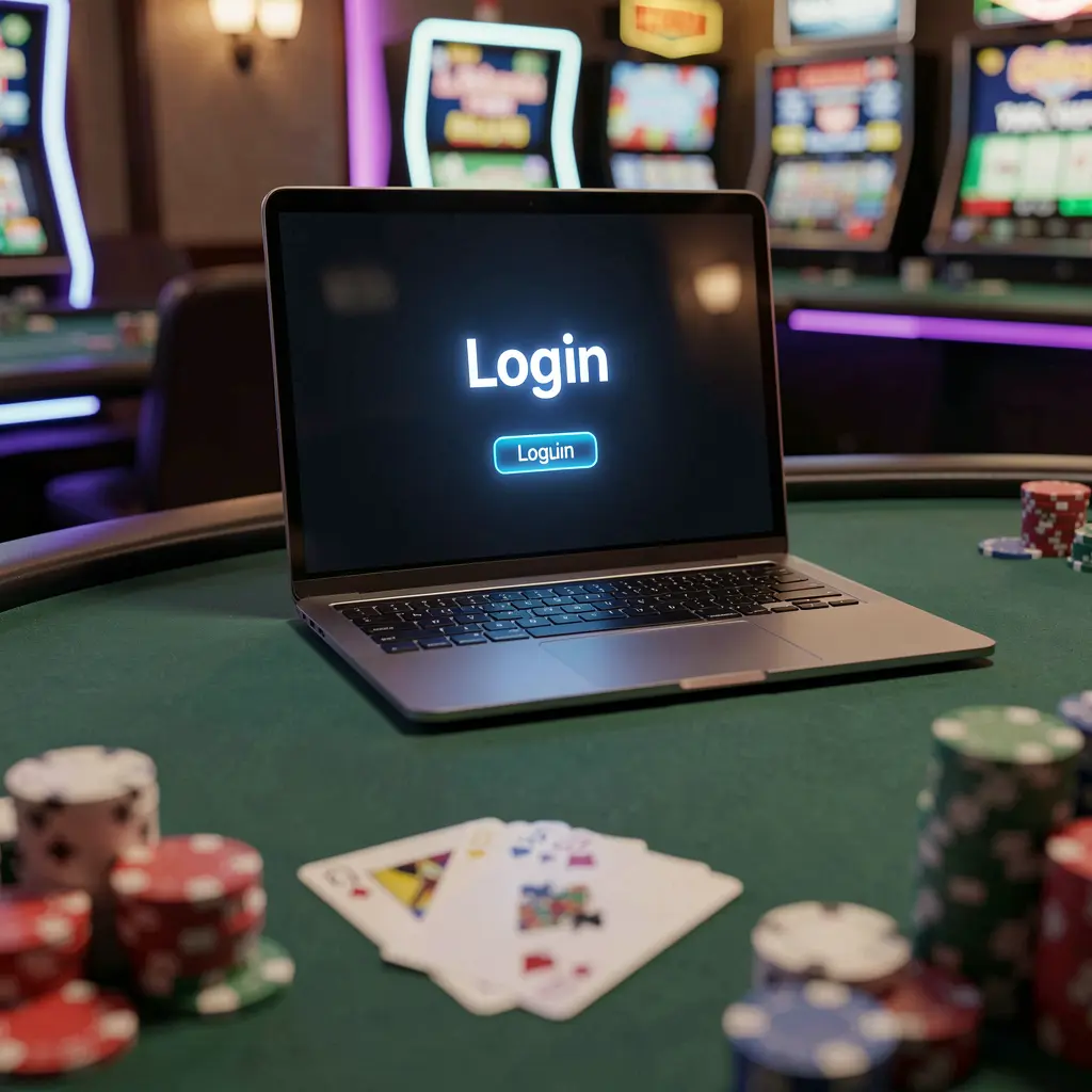 Stylish laptop on a casino table with poker chips and cards showing the 11OK login screen for secure access in Bangladesh